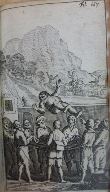 Sancho Panza Is Tossed In A Blanket The Inn Yard Don Quixote Attacks Flock Of Sheep Background Miguel De Cervantes Den Verstandigen Vroomen