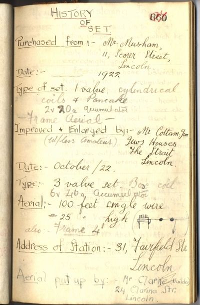Alfred Taylor's Wireless Log detailing his equipment, where he acquired it and how he set up the outdoor aerial in 1922.