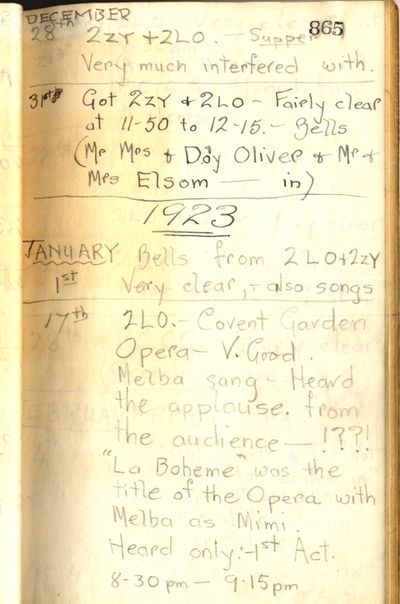 Alfred Taylor's Wireless Log page 6 detailing his record of 'listening-in' during December 1922 and January 1923.