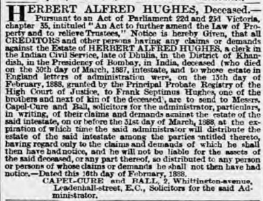 Hughes estate notice London Standard 1888