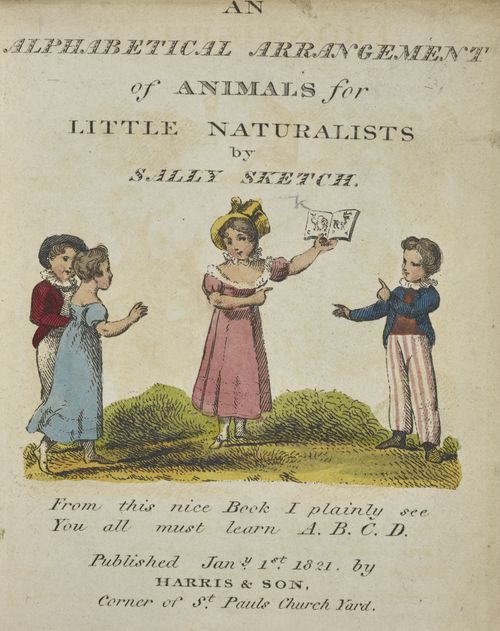 The title page from Sally Sketch's 1821 edition of 'An Alphabetical arrangement of animals for little naturalists' on display in Animal Tales at the British Library