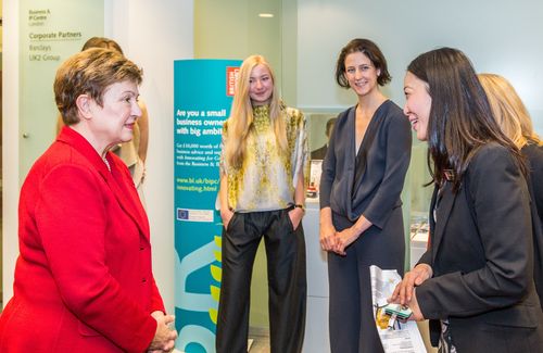 EU Vice-President Georgieva (left) with Christina Murphy - Innovating for Growth team (right)