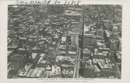 3.8 Looking Up Yonge Street, Toronto, Ont, From and Aeroplane, Canadian Postcard Co, Toronto (hs85 10 35818) (1)