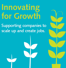 Innovating for Growth logo, highlighting the following text: Innovating for Growth (Title) along with sub text: Supporting companies to scale up and create jobs