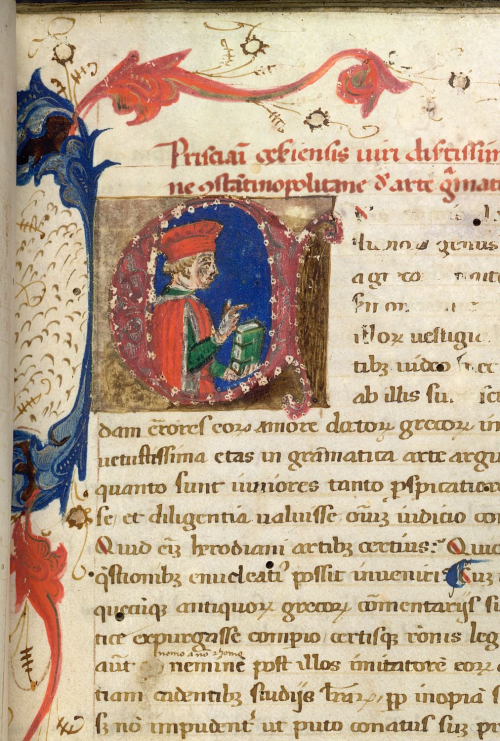 A fifteenth-century depiction of the fifth-century grammarian Priscian, Burney MS 235, f. 4r.